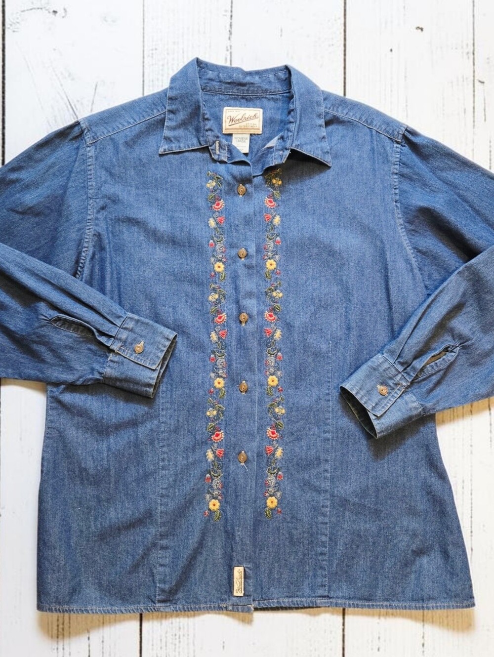 Woolrich Vintage 90s Floral Embroidered Denim Button Up Blue Lg